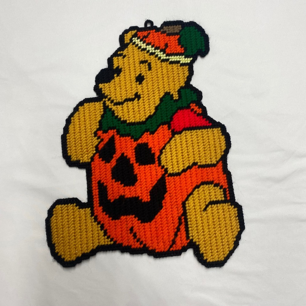 Handmade Winnie the Pooh Halloween Pumpkin Plastic Canvas Magnet Wall Hanging